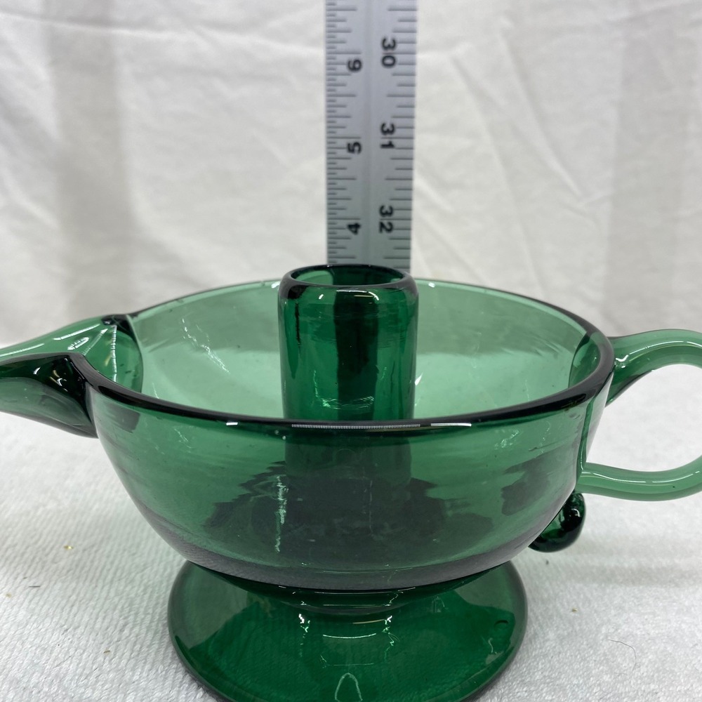 Vintage Emerald Green Hand Blown Glass Finger Lamp Candle Holder with Spout